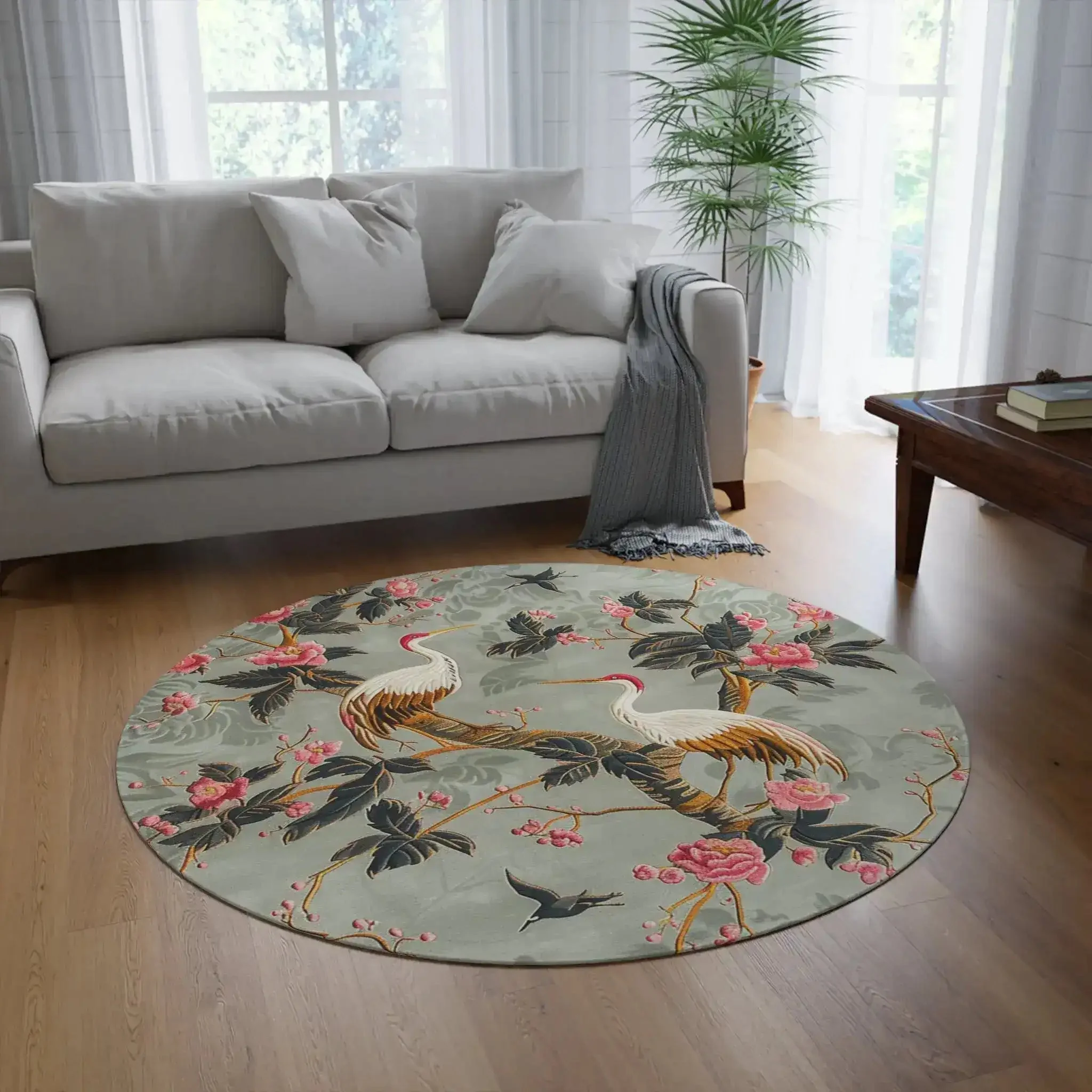 Graceful Crane and Blossom Pattern Round Rug - Image 2
