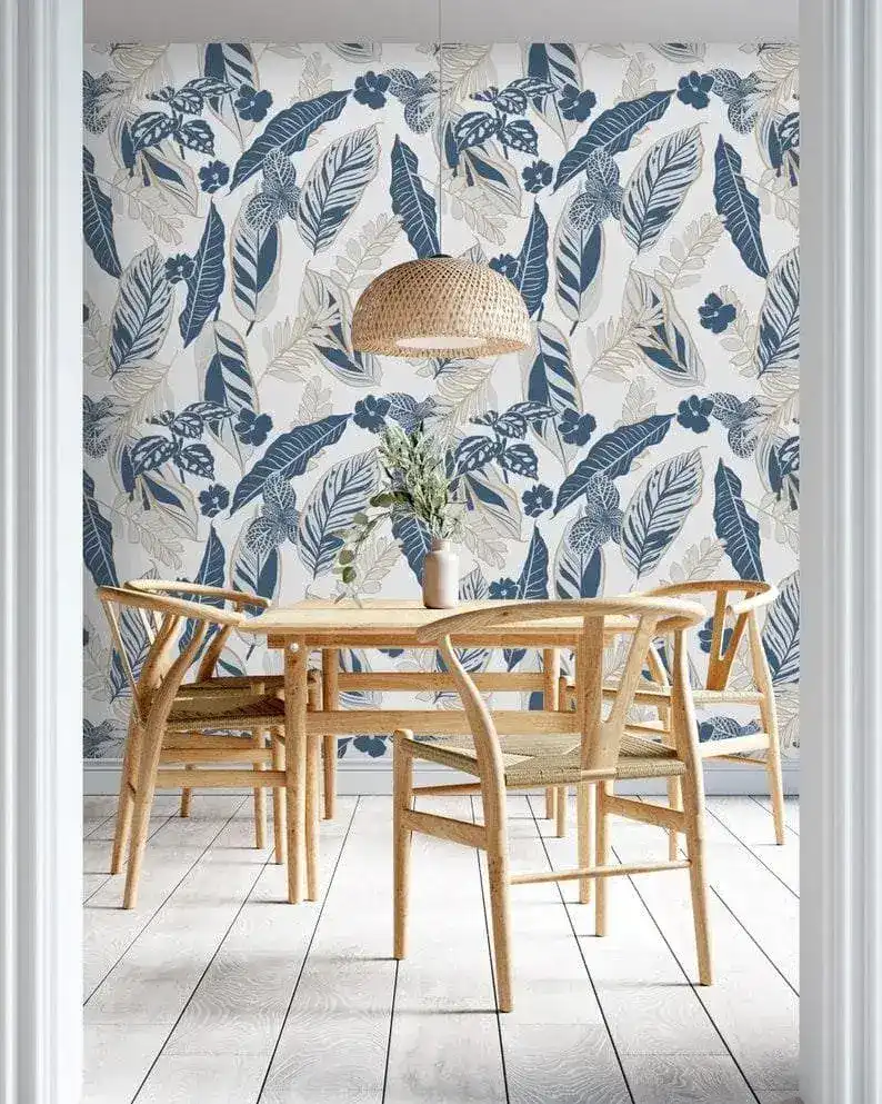 Gray and Blue Tropical Foliage Wallpaper - Image 2
