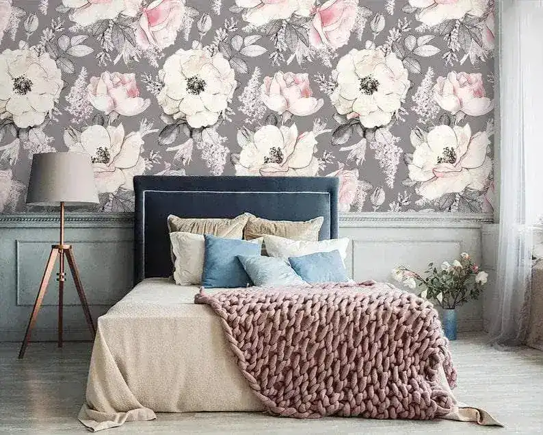 Gray and Blush Oversized Flowers Wallpaper - Image 3