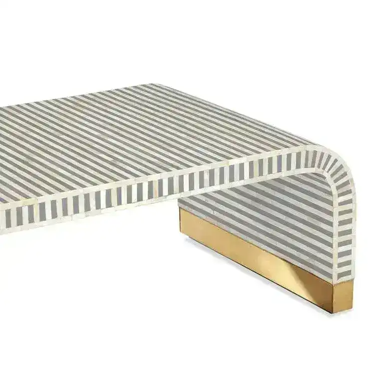 Gray and White Stripe Waterfall Bone Inlay Coffee Table with Brass Leg - Image 3