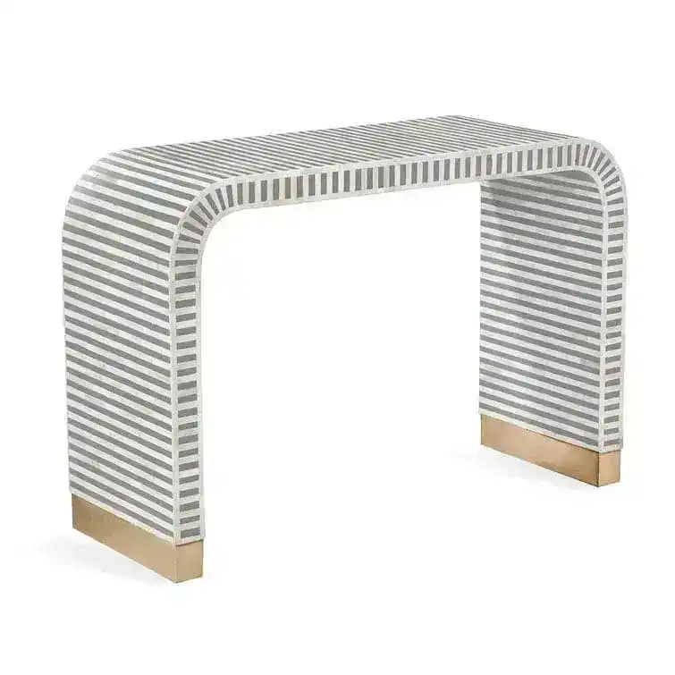 Gray and White Stripe Waterfall Bone Inlay Console Table with Brass Leg - Image 2