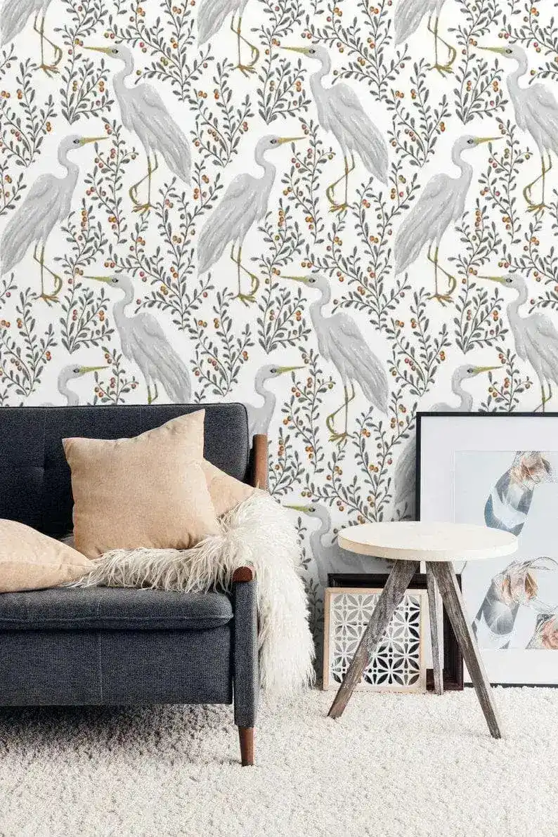 Gray Cranes Floral Wallpaper - Image 2