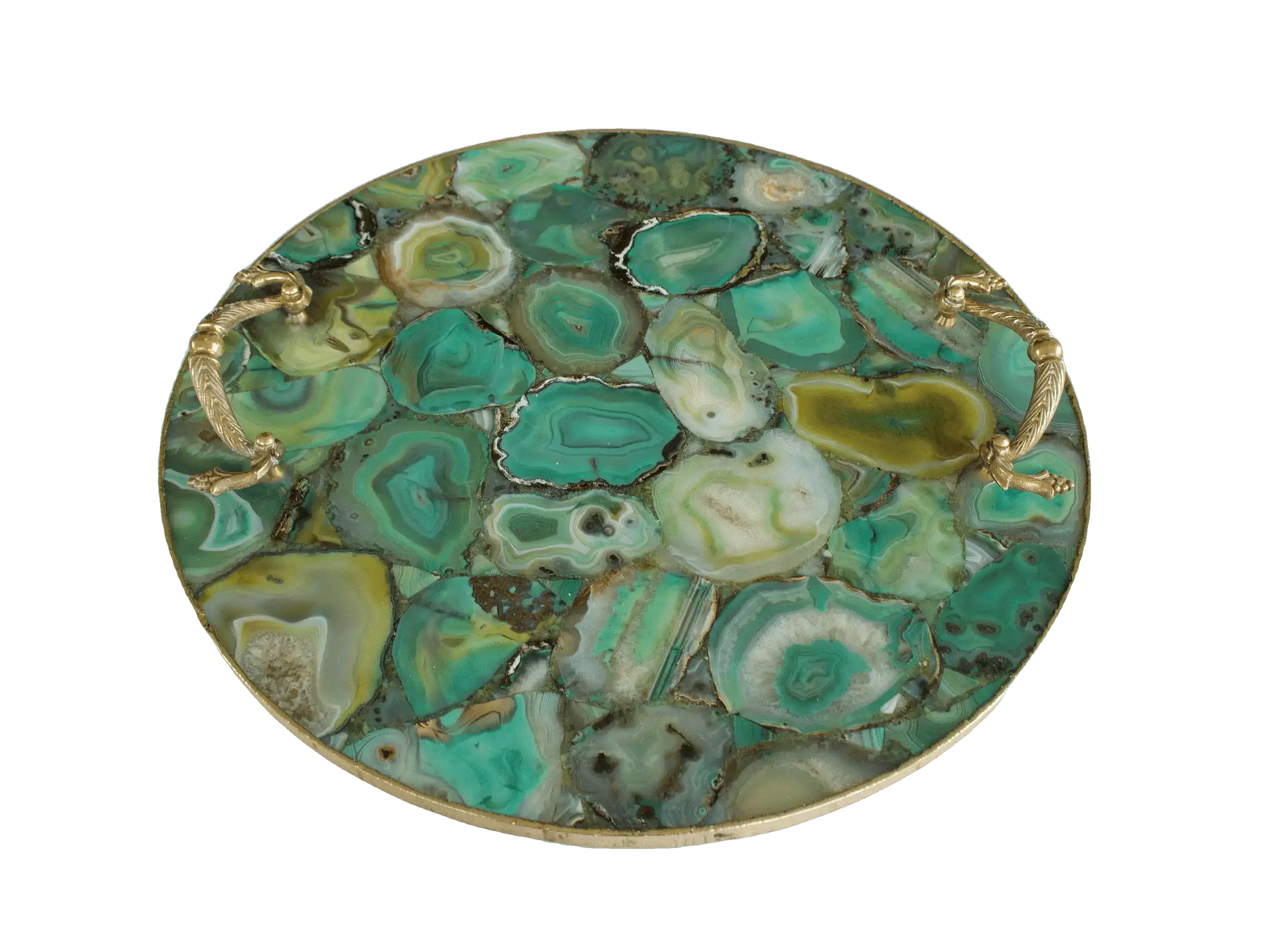 Green Agate Round Serving Tray With Brass Handles - Image 2
