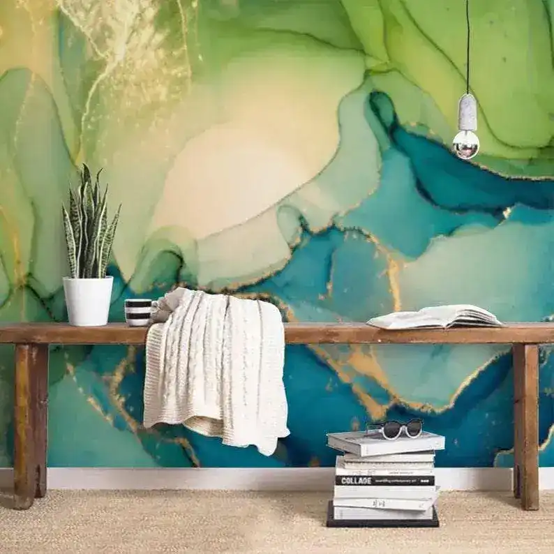 Green and Blue Abstract Watercolor Marble Wallpaper - Image 3