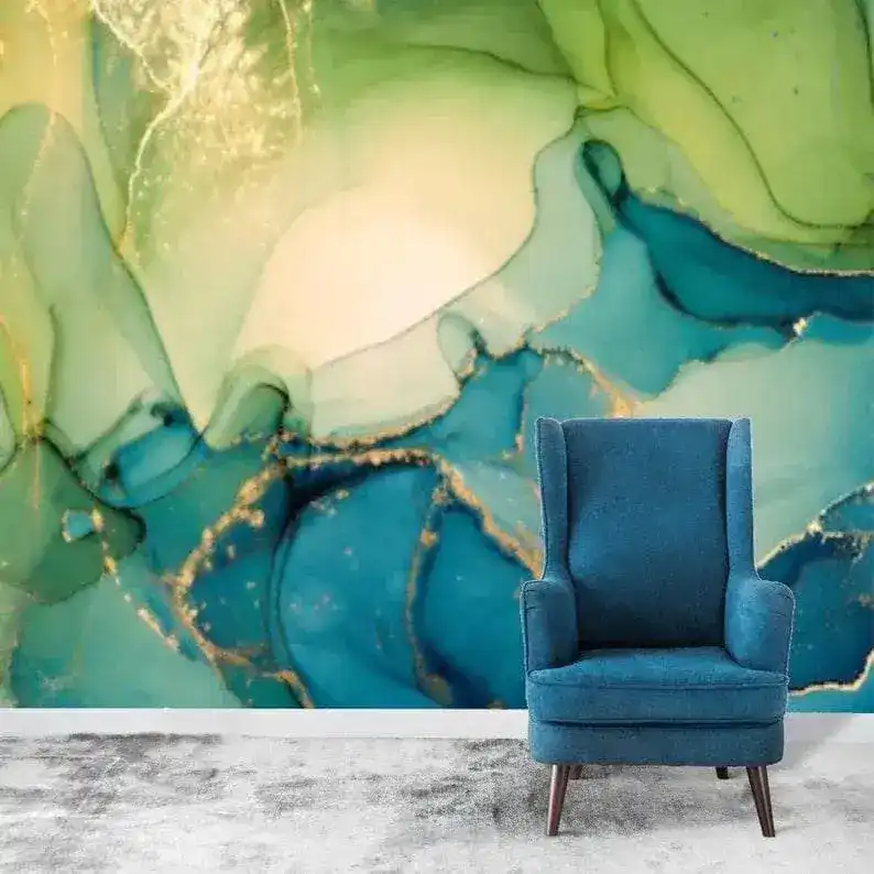 Green and Blue Abstract Watercolor Marble Wallpaper - Image 4