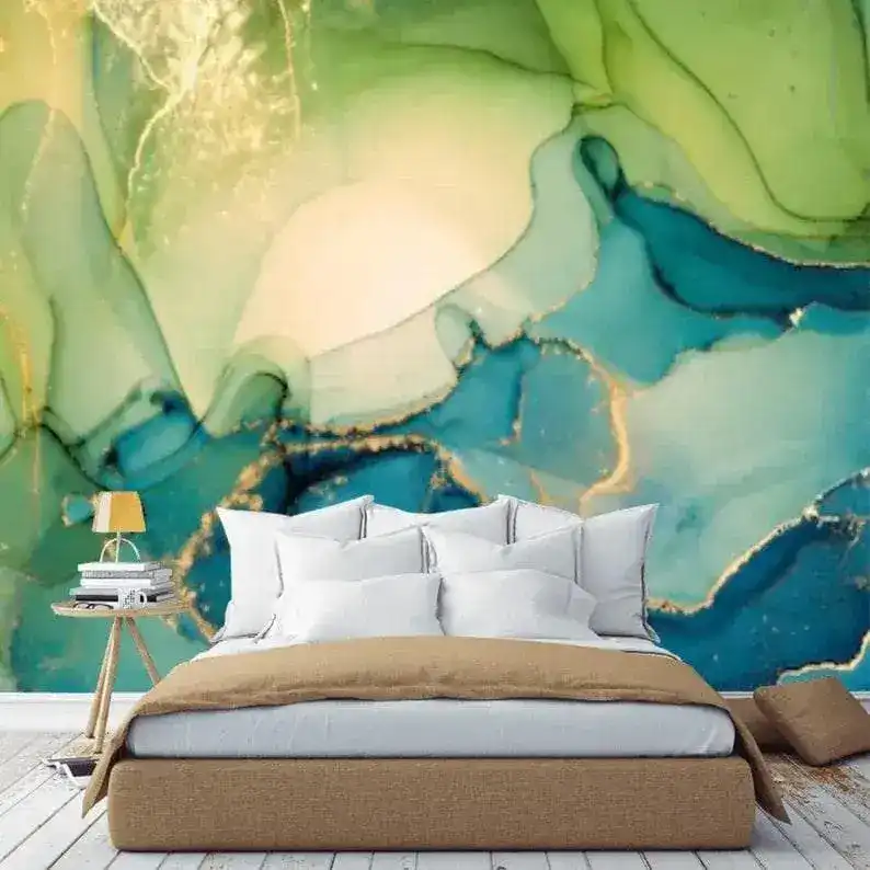 Green and Blue Abstract Watercolor Marble Wallpaper - Image 5