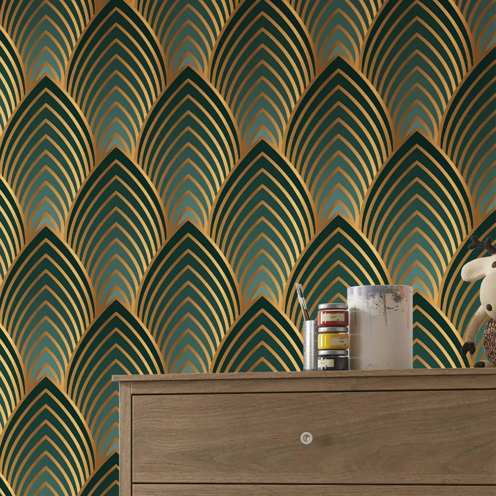 Green and Gold Abstract Geometric Art Deco Wallpaper - Image 2