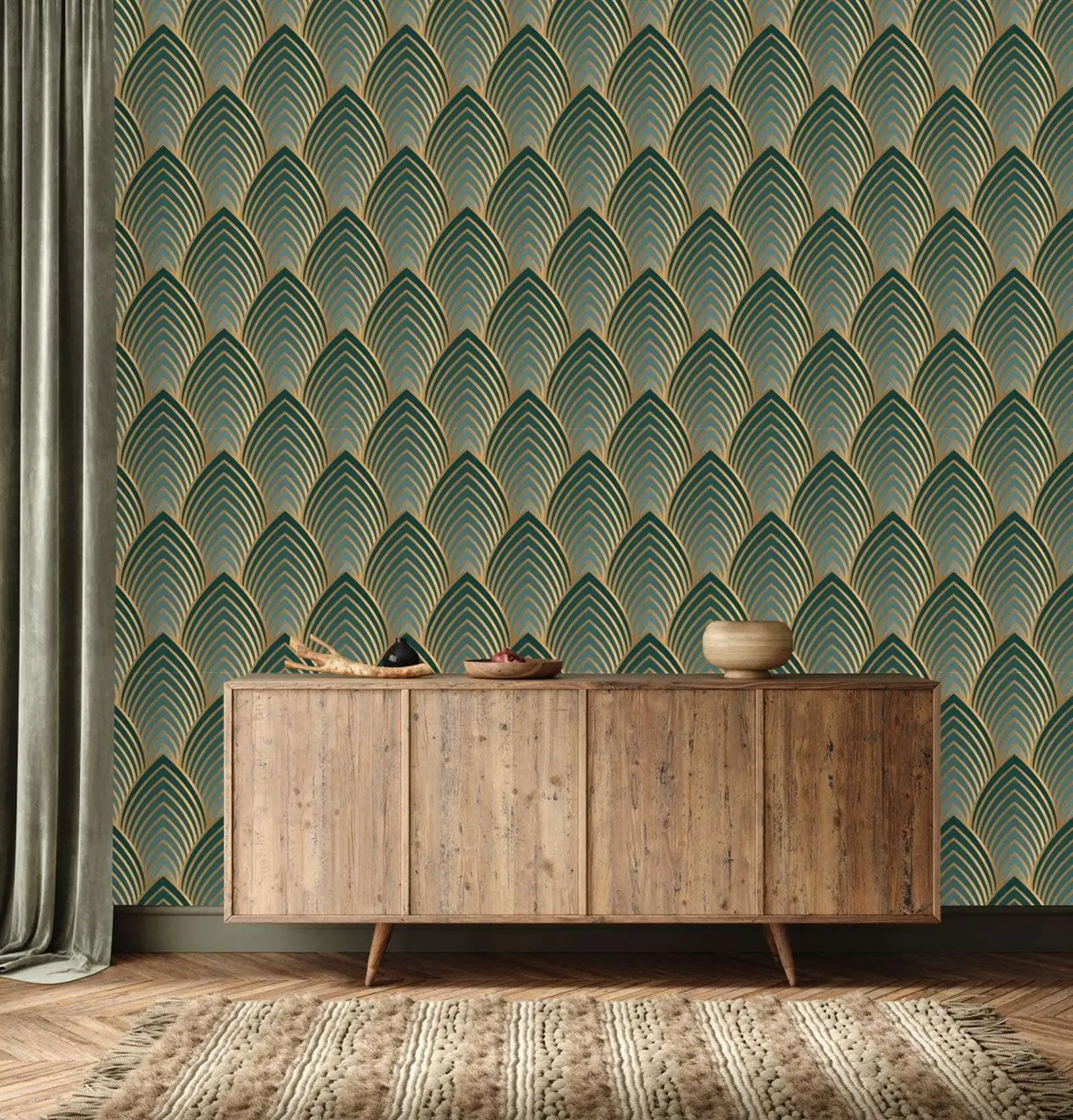 Green and Gold Abstract Geometric Art Deco Wallpaper - Image 4
