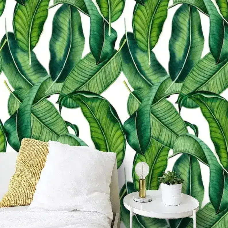 Green and White Banana Leaves Tropical Wallpaper - Image 2