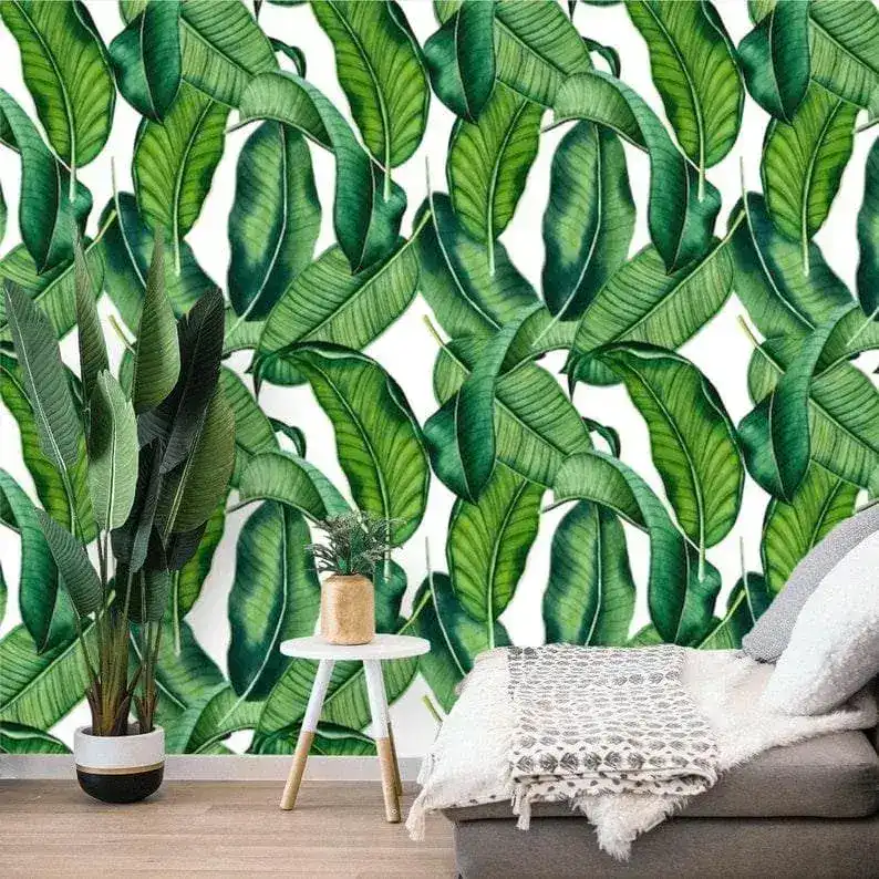 Green and White Banana Leaves Tropical Wallpaper - Image 4