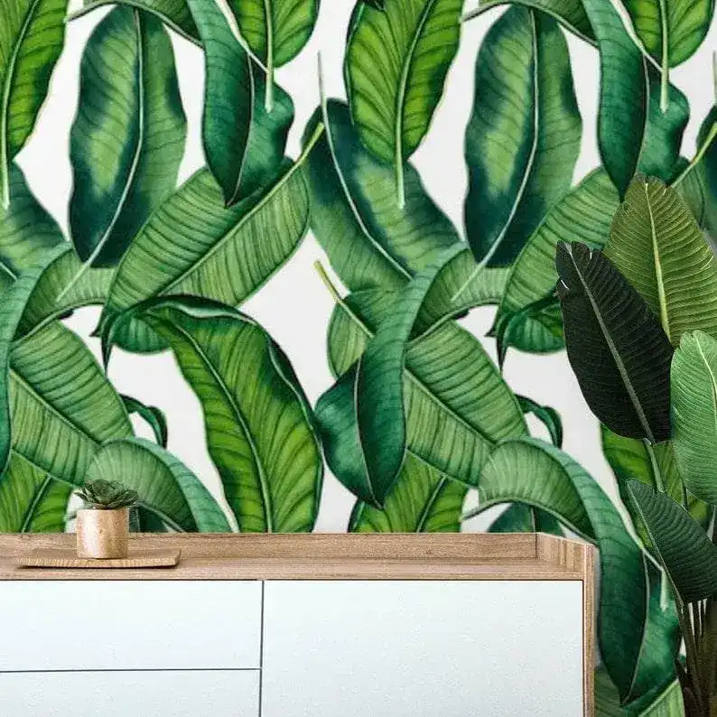 Green and White Banana Leaves Tropical Wallpaper - Image 5