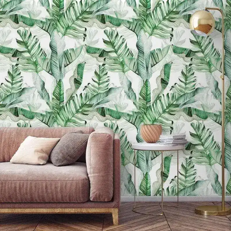 Green and White Banana Leaves Watercolor Wallpaper - Image 2