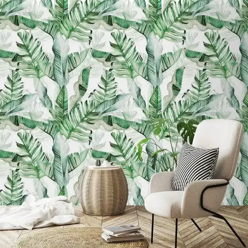 Green and White Banana Leaves Watercolor Wallpaper - Image 3