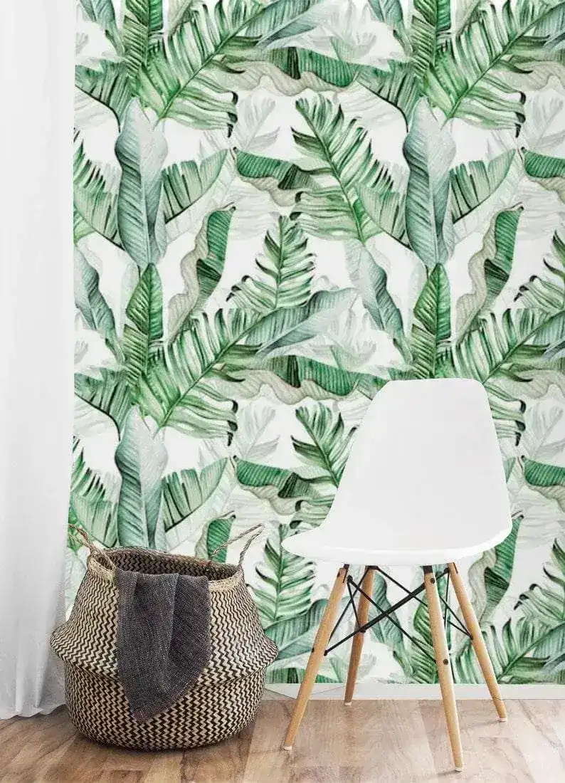 Green and White Banana Leaves Watercolor Wallpaper - Image 4