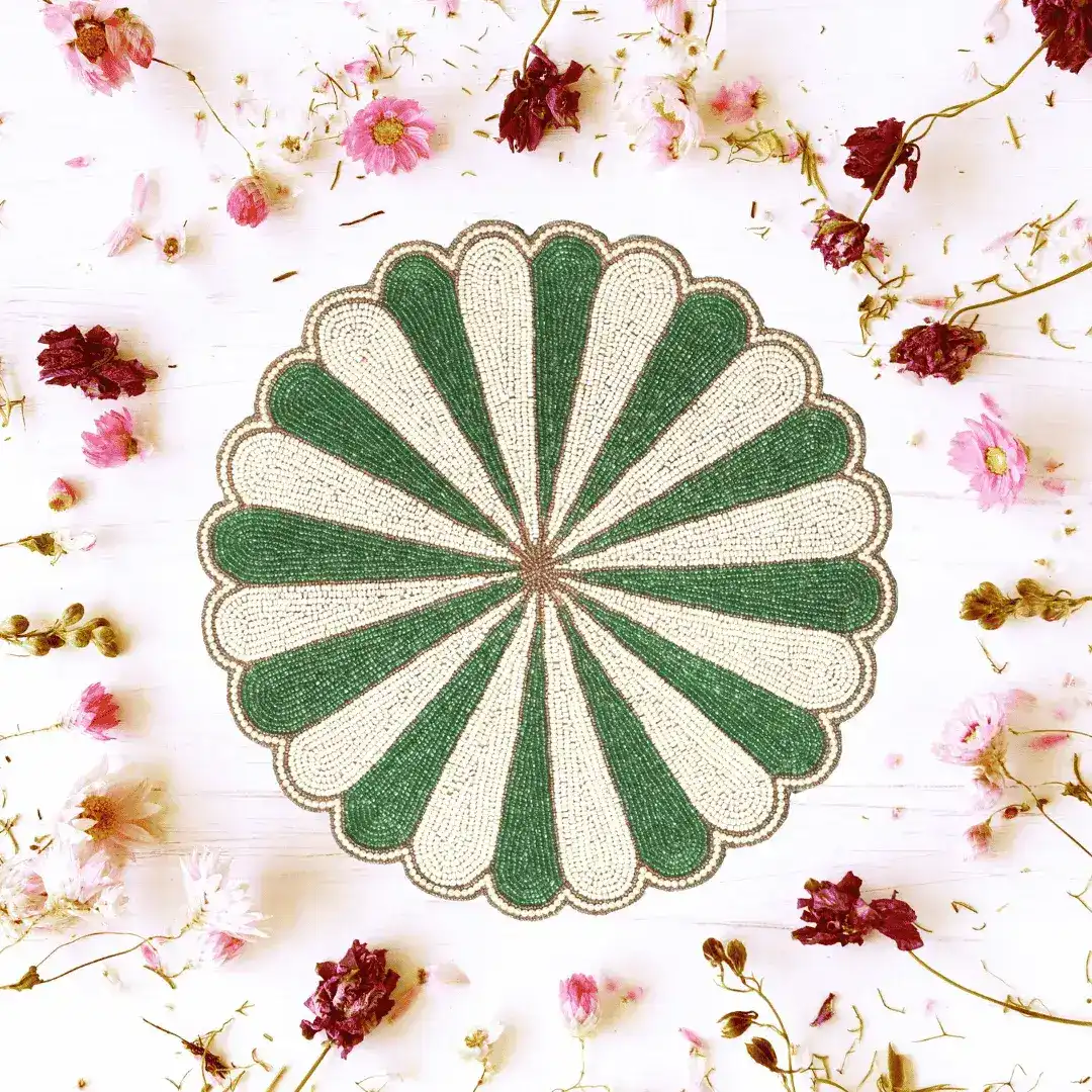 Green and White Beaded Scallop Round Placemat set of 12 - Image 3