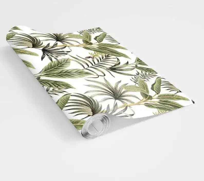 Green and White Exotic Palm Leaves Tropical Wallpaper - Image 8