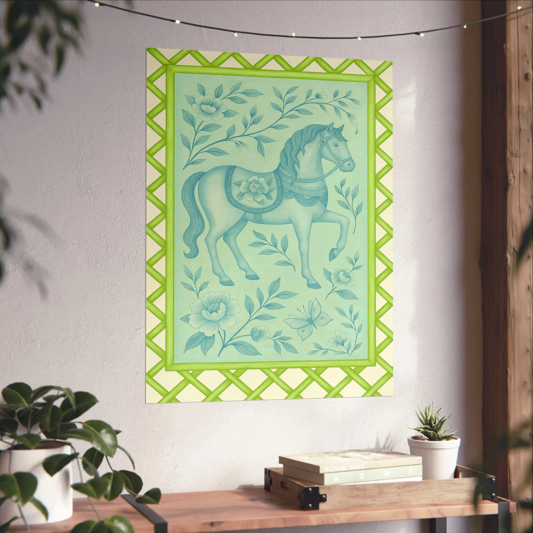 Green Bamboo Frame Chinoiserie Horse Fine Art Poster - Image 42