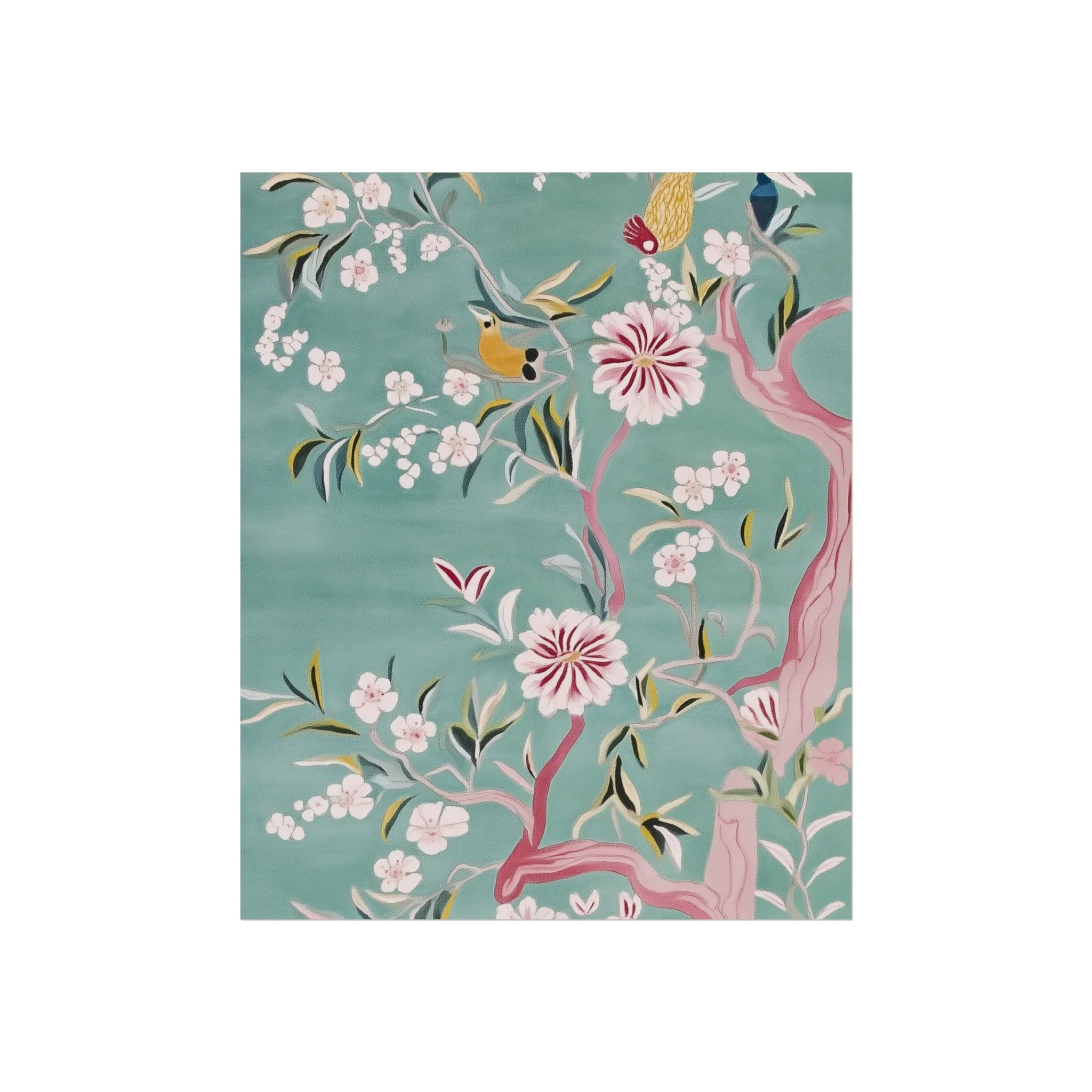 Green Chinoiserie Birds and Cherry Blossom Fine Art Poster - Image 3