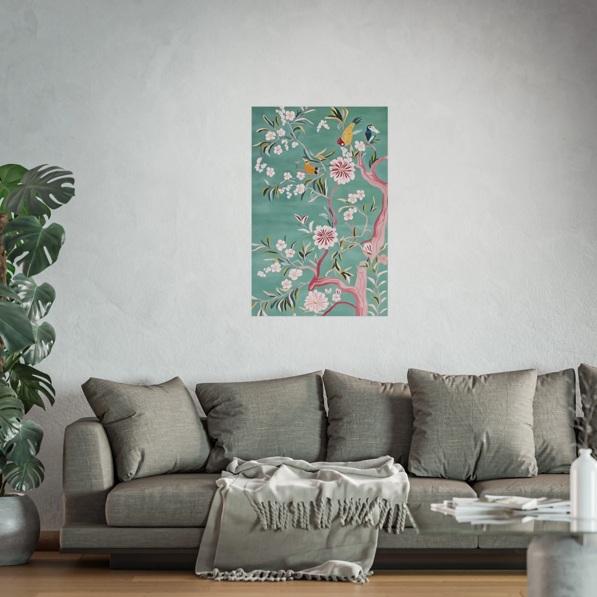 Green Chinoiserie Birds and Cherry Blossom Fine Art Poster - Image 45