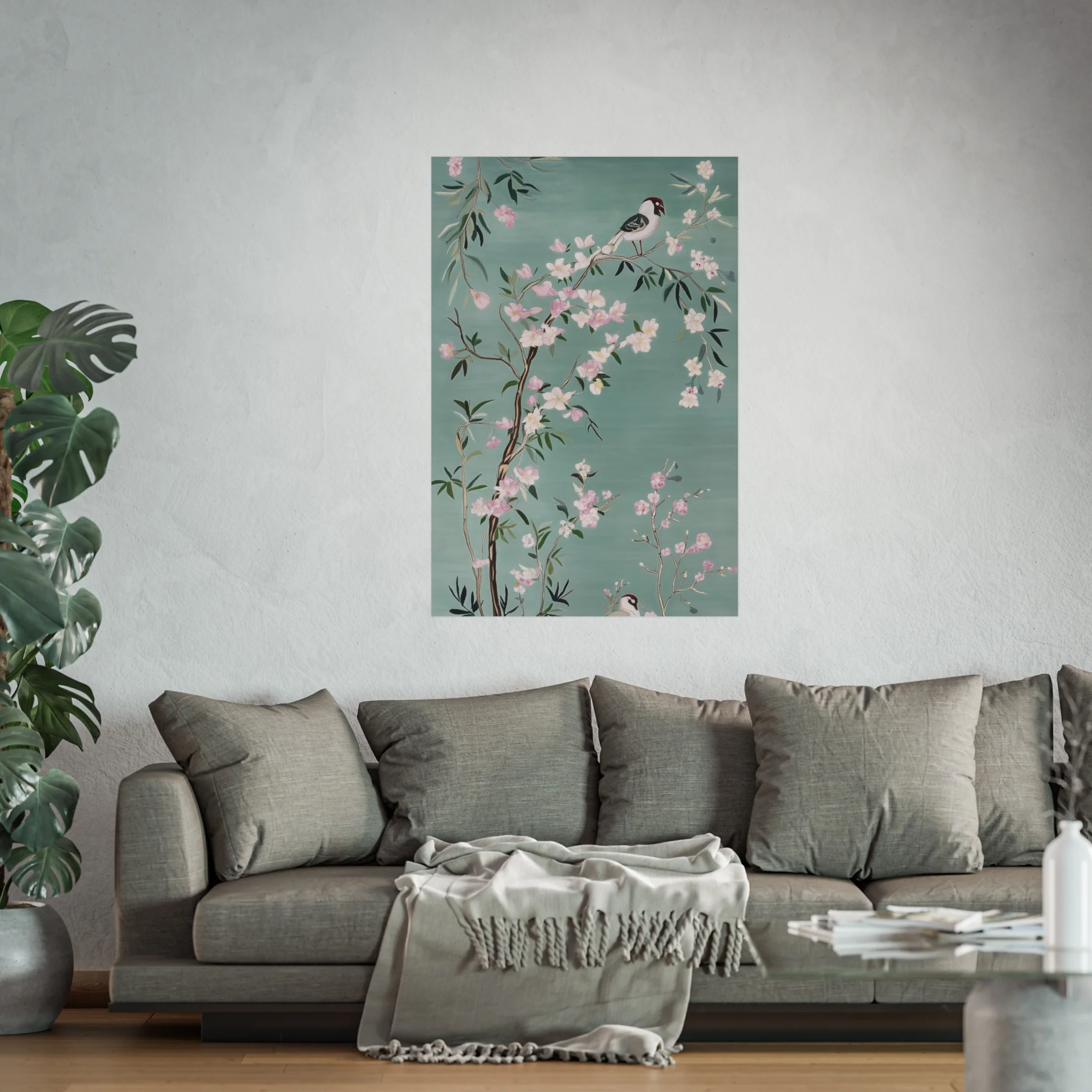 Green Chinoiserie Birds and Pink Cherry Blossom Fine Art Poster - Image 47