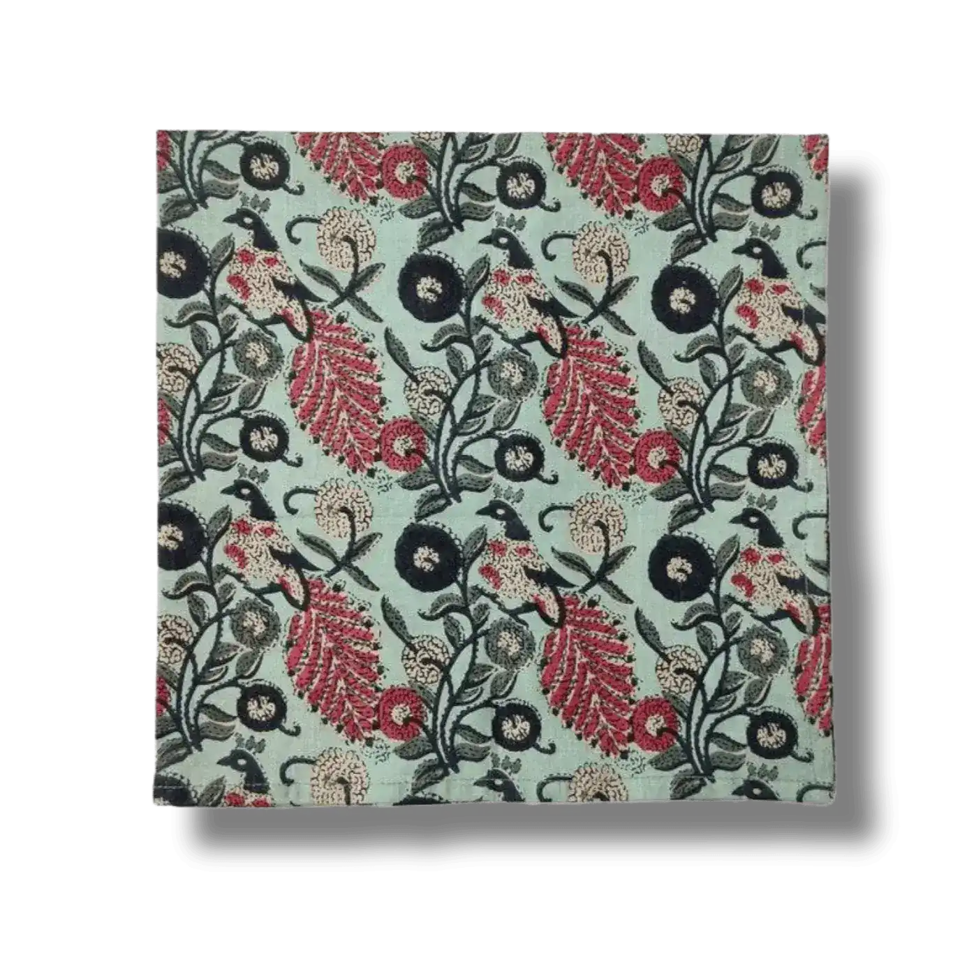 Green Floral Motif Block Printed Cotton Napkins - Image 2