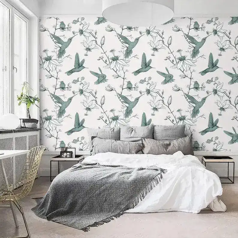 Green Flying Hummingbird Floral Wallpaper - Image 3
