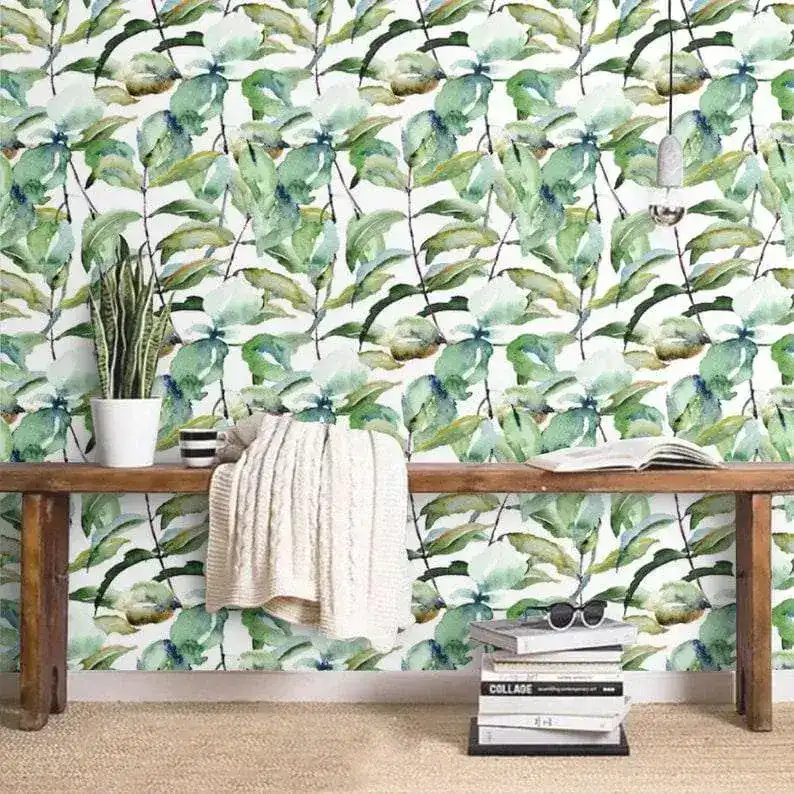 Green Leaves Watercolor Botanical Wallpaper - Image 2