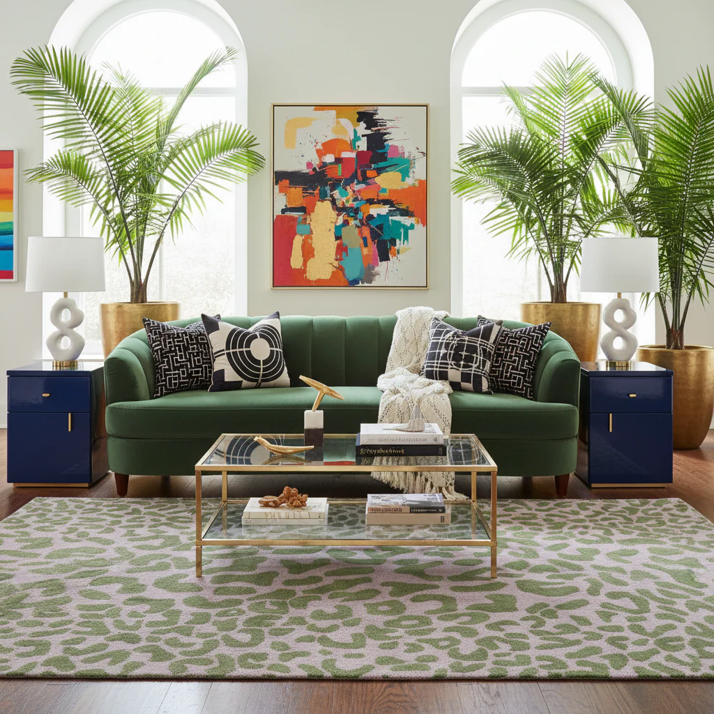 Green Leopard Print Hand Tufted Wool Rug - Image 4