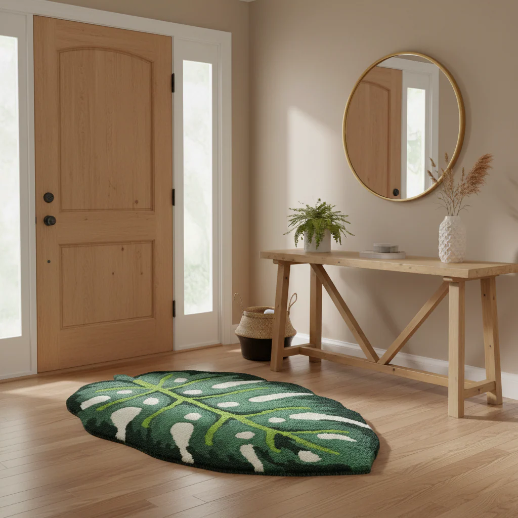 Green Monstera Leaf Shaped Accent Hand Tufted Wool Rug - Image 3