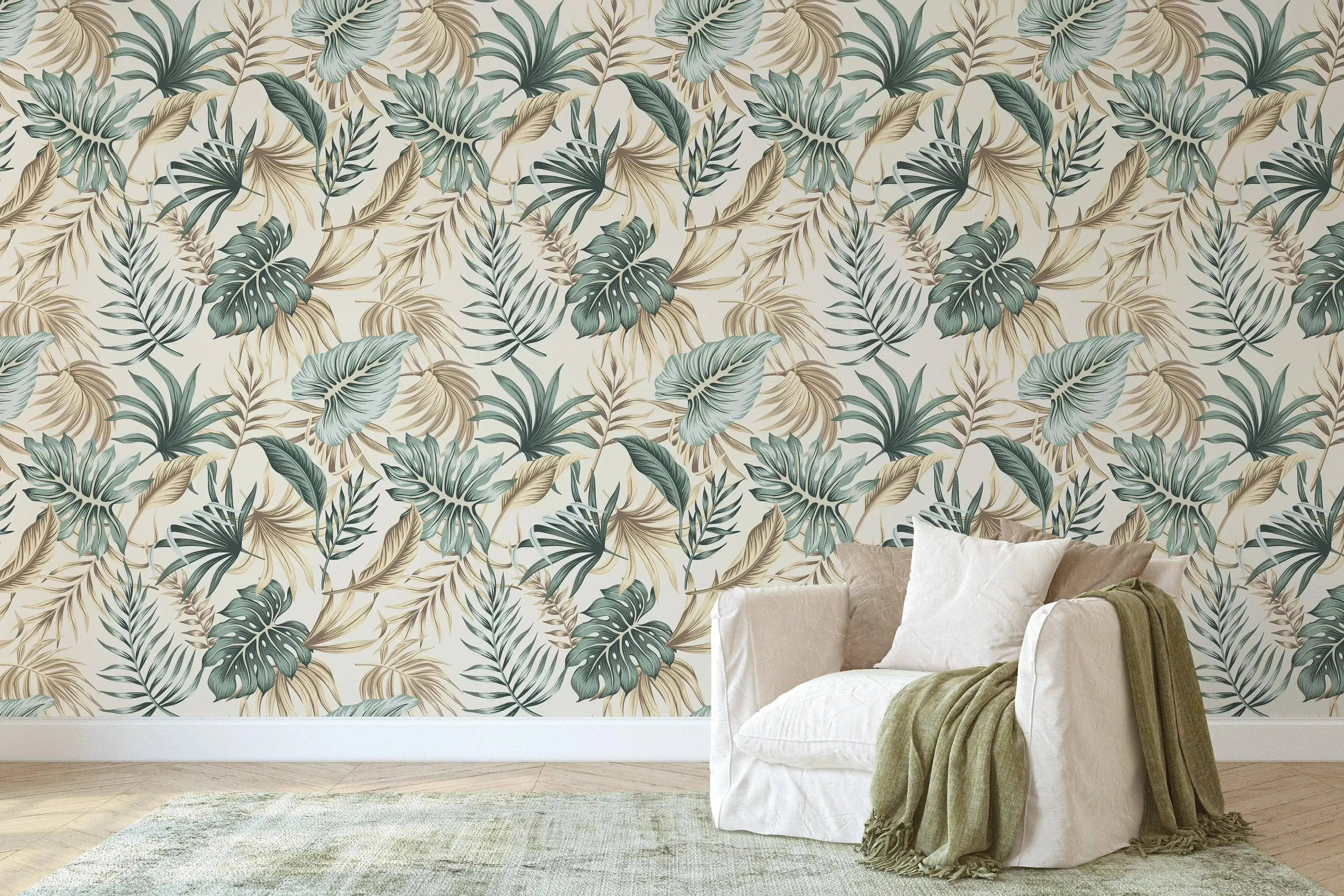 Green Palm Leaves Tropical Boho Watercolor Wallpaper - Image 2