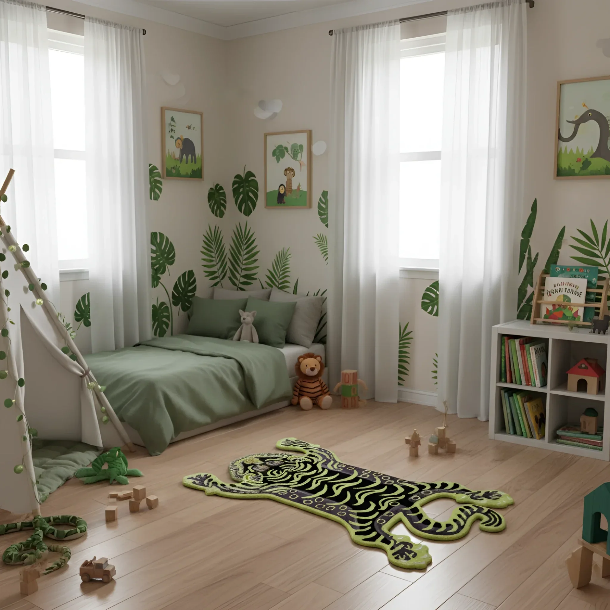 Green Tibetan Tiger Accent Hand Tufted Wool Rug - Image 3