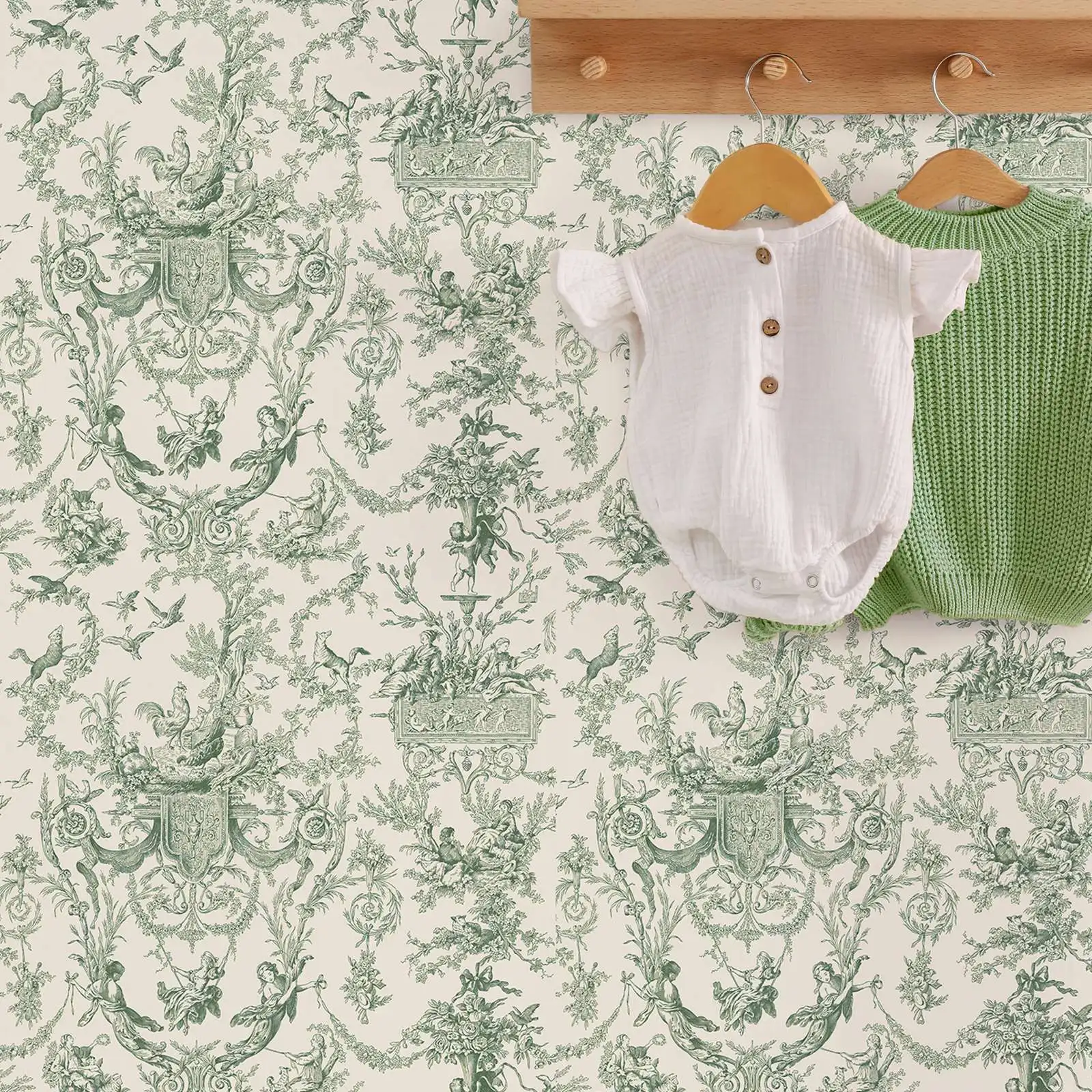 Green Toile Floral Wallpaper - Image 3