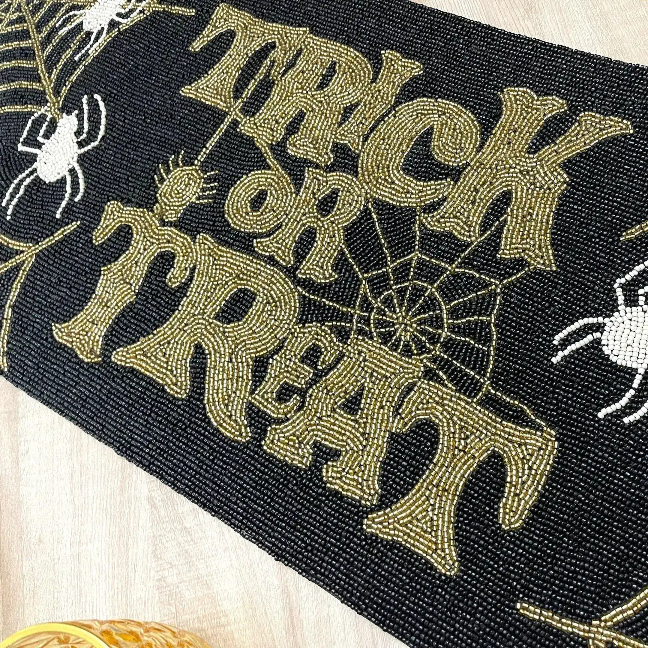 Halloween Trick or Treat Black and Gold Beaded Table Runner - Image 3