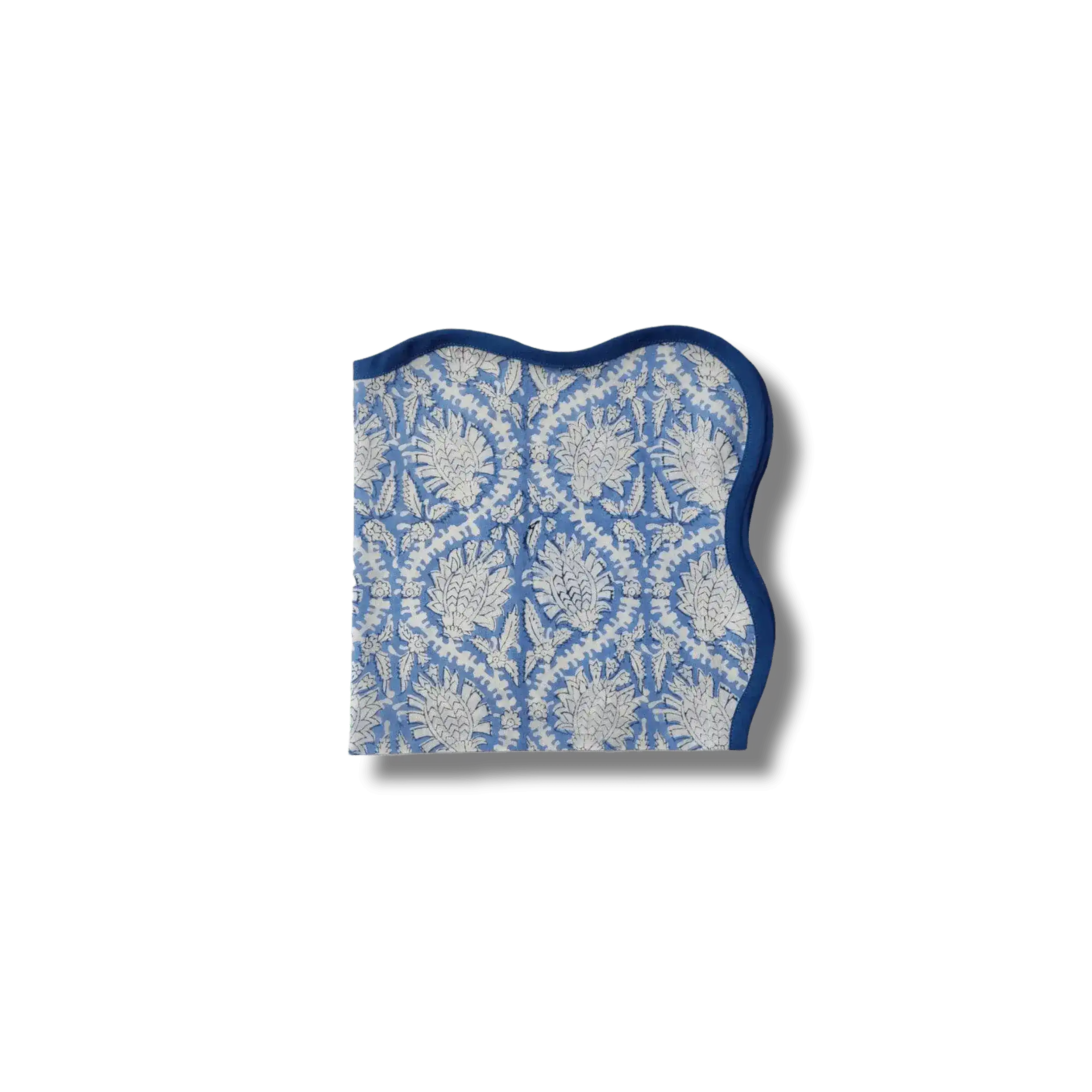 Hand Block Print Blue Wave Scallop Cotton Napkin Set of 4 - Image 2