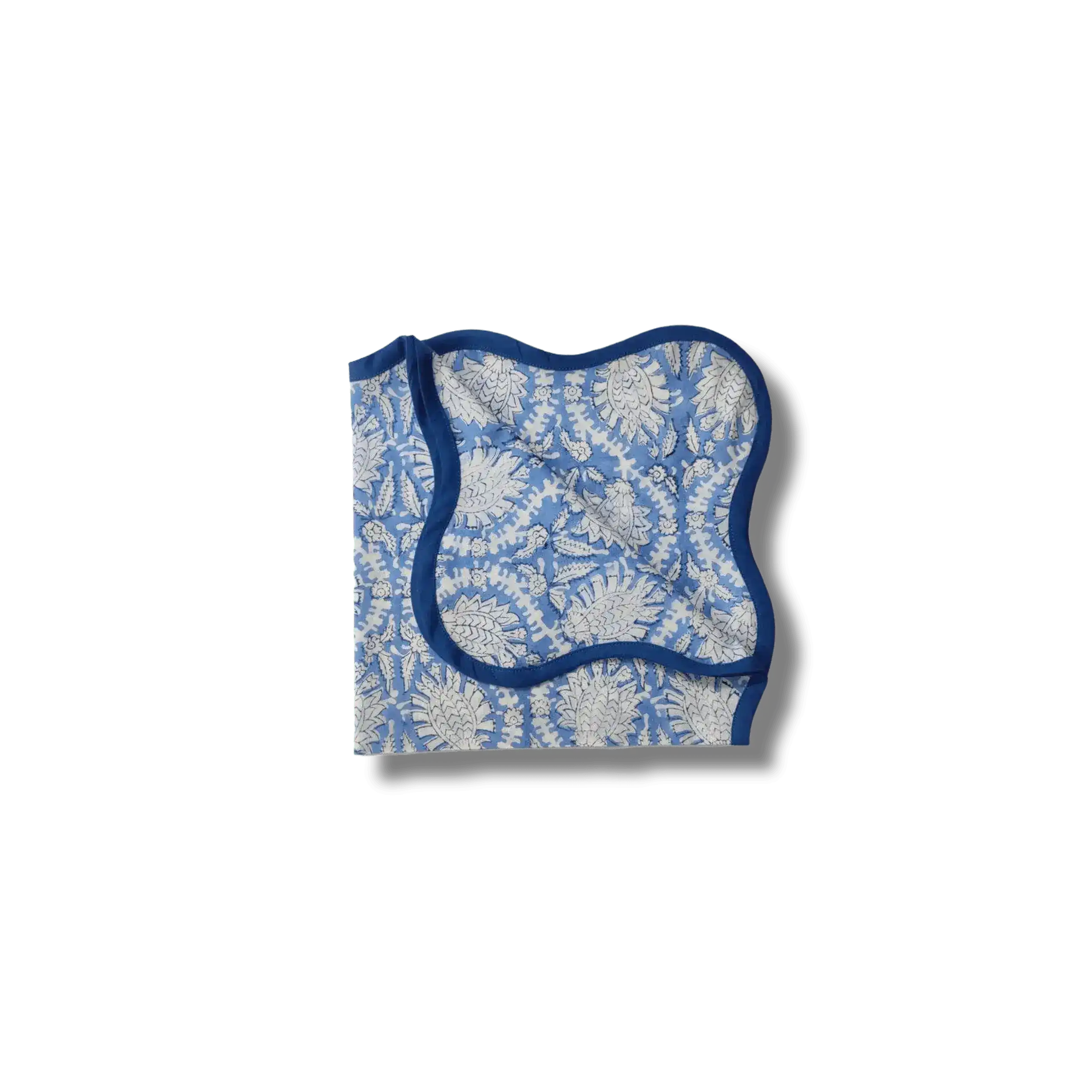 Hand Block Print Blue Wave Scallop Cotton Napkin Set of 4 - Image 3