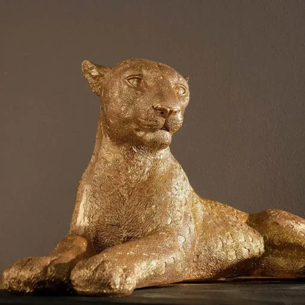Hand Crafted Gold Lying Leopard Sculpture - Image 5