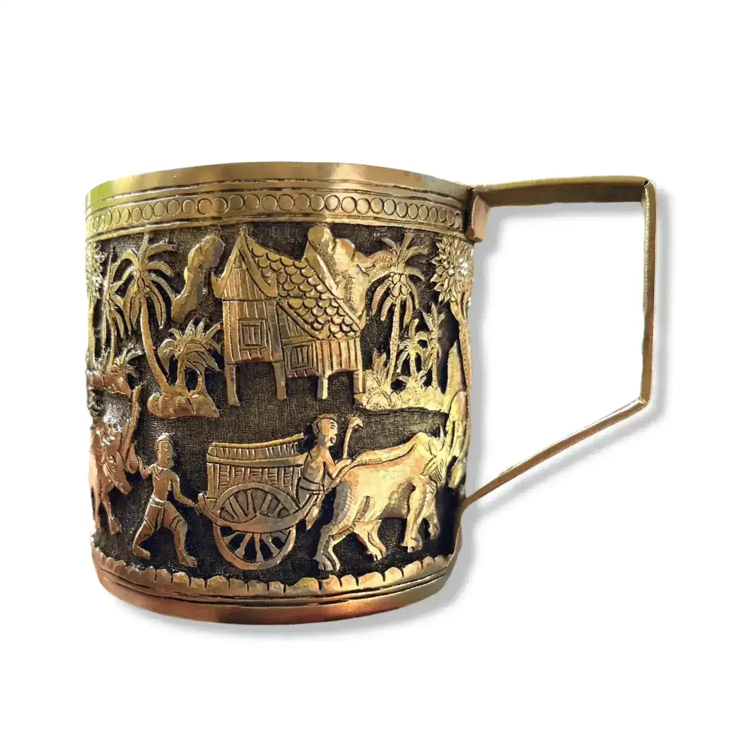 Hand Engraved Solid Brass Mug with Handle - Khmer Rural - Image 4