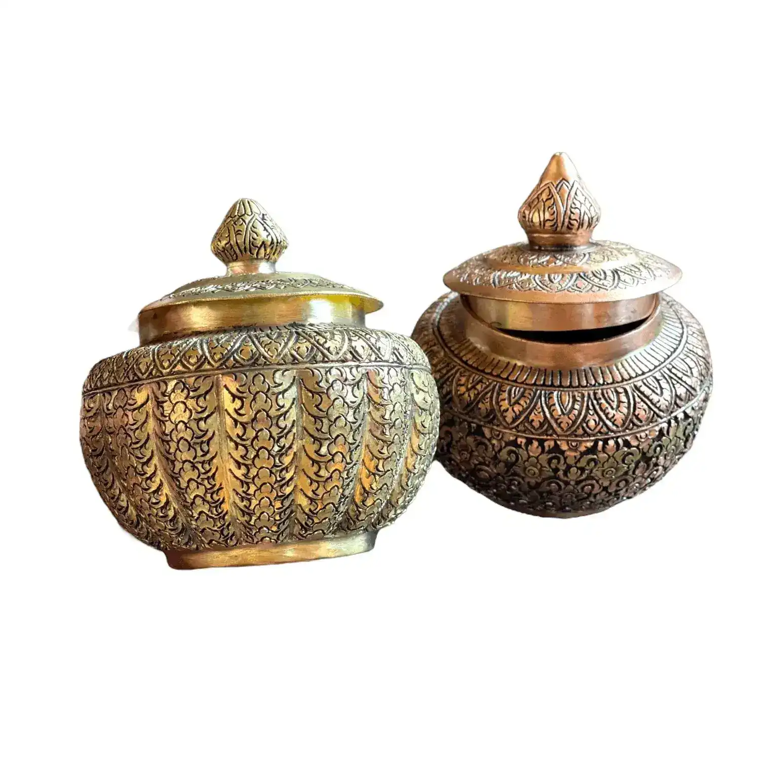 Hand Engraved Solid Brass Niello Betel Box with Lotus Lid - Image 6