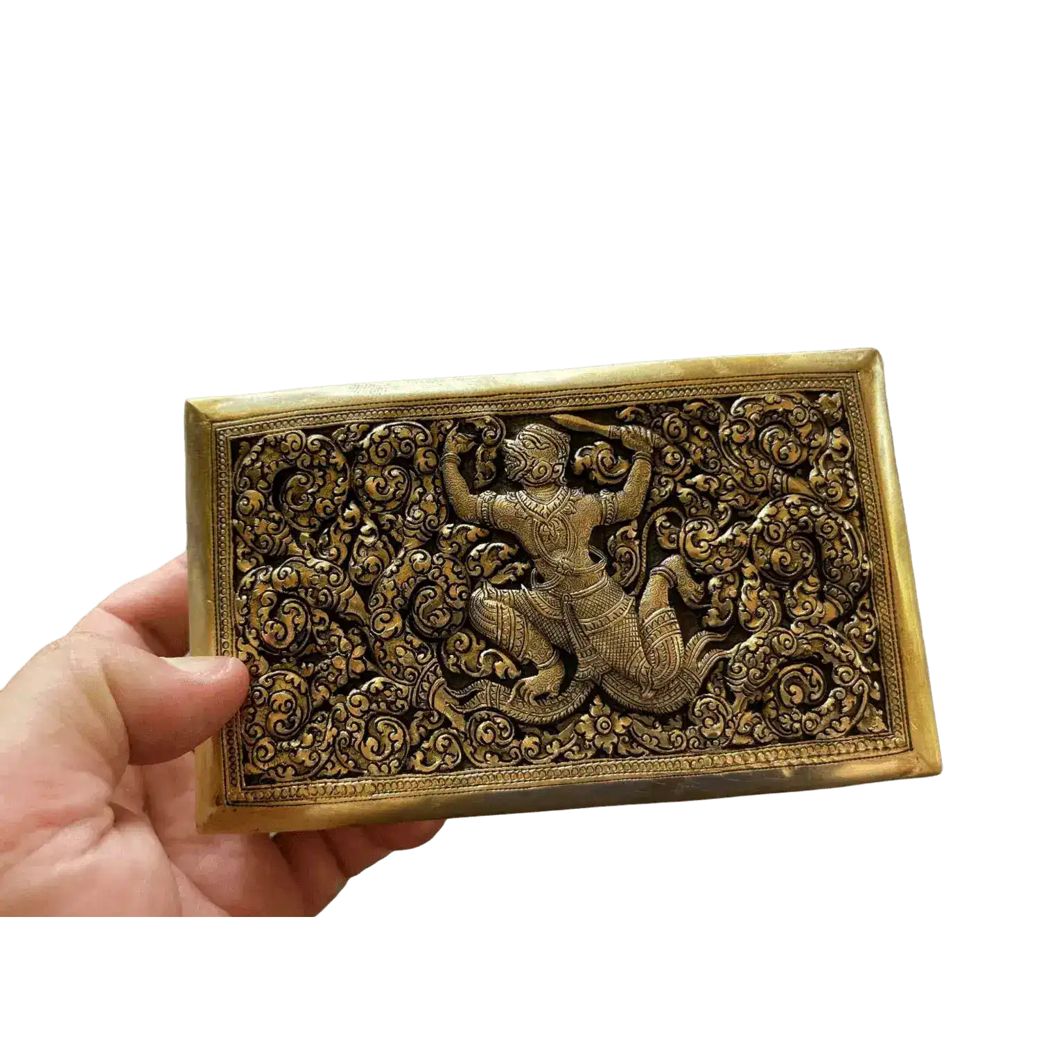 Hand Engraved Solid Brass Niello Rectangular Betel Box - Hanuman - Image 6