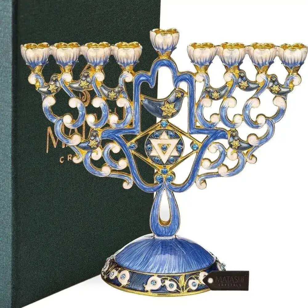 Hand Painted Enamel Menorah Candelabra with Hamsa & Doves - Image 7