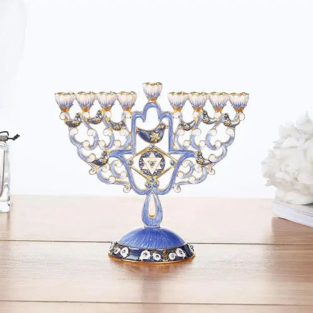 Hand Painted Enamel Menorah Candelabra with Hamsa & Doves - Image 8