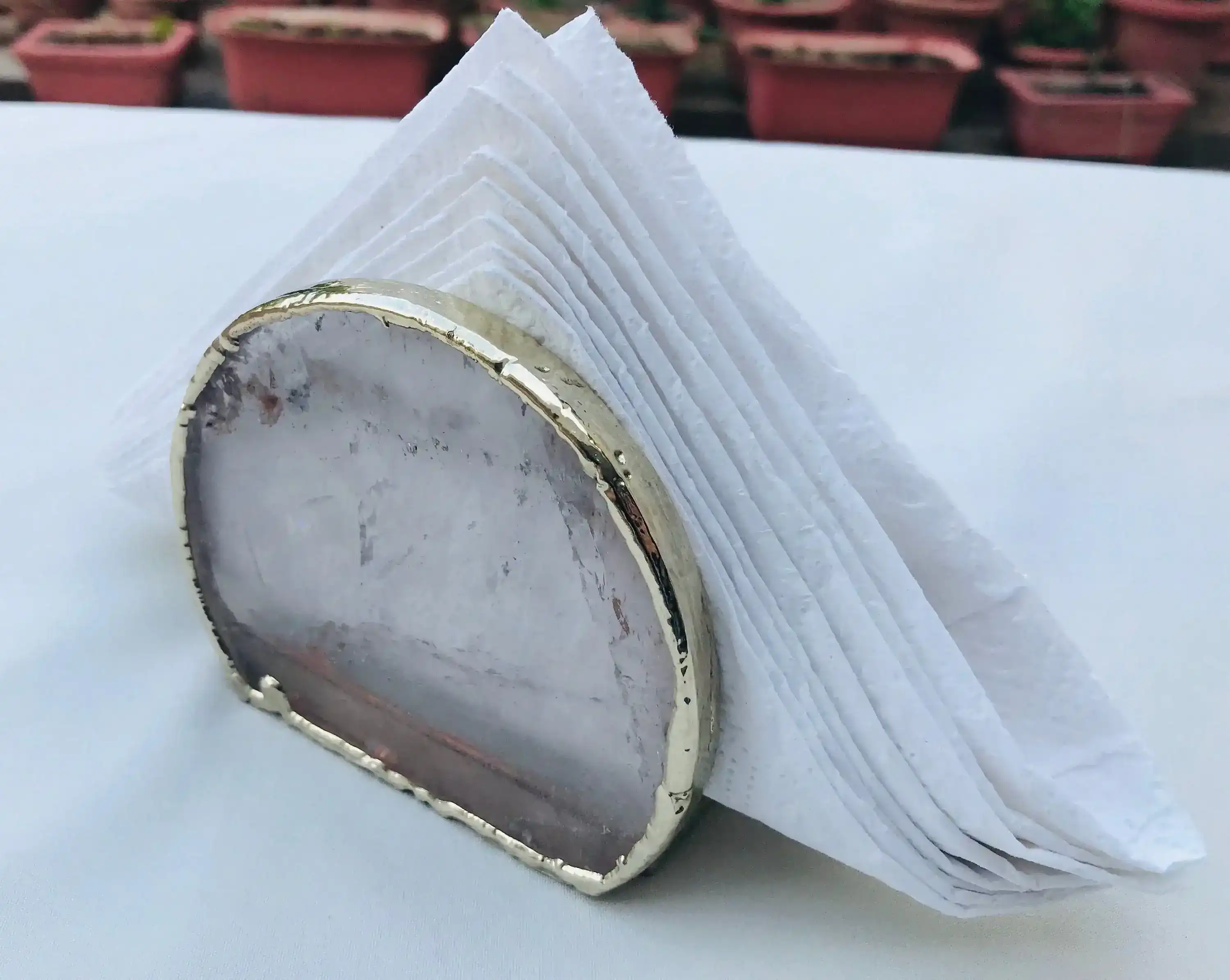 Hand Rounded Clear Quartz Agate Napkin Holder - Image 4