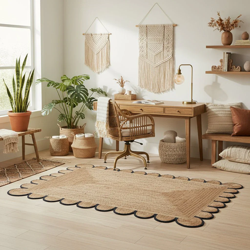 Handmade Black Trim Scalloped Jute Rug - Image 2