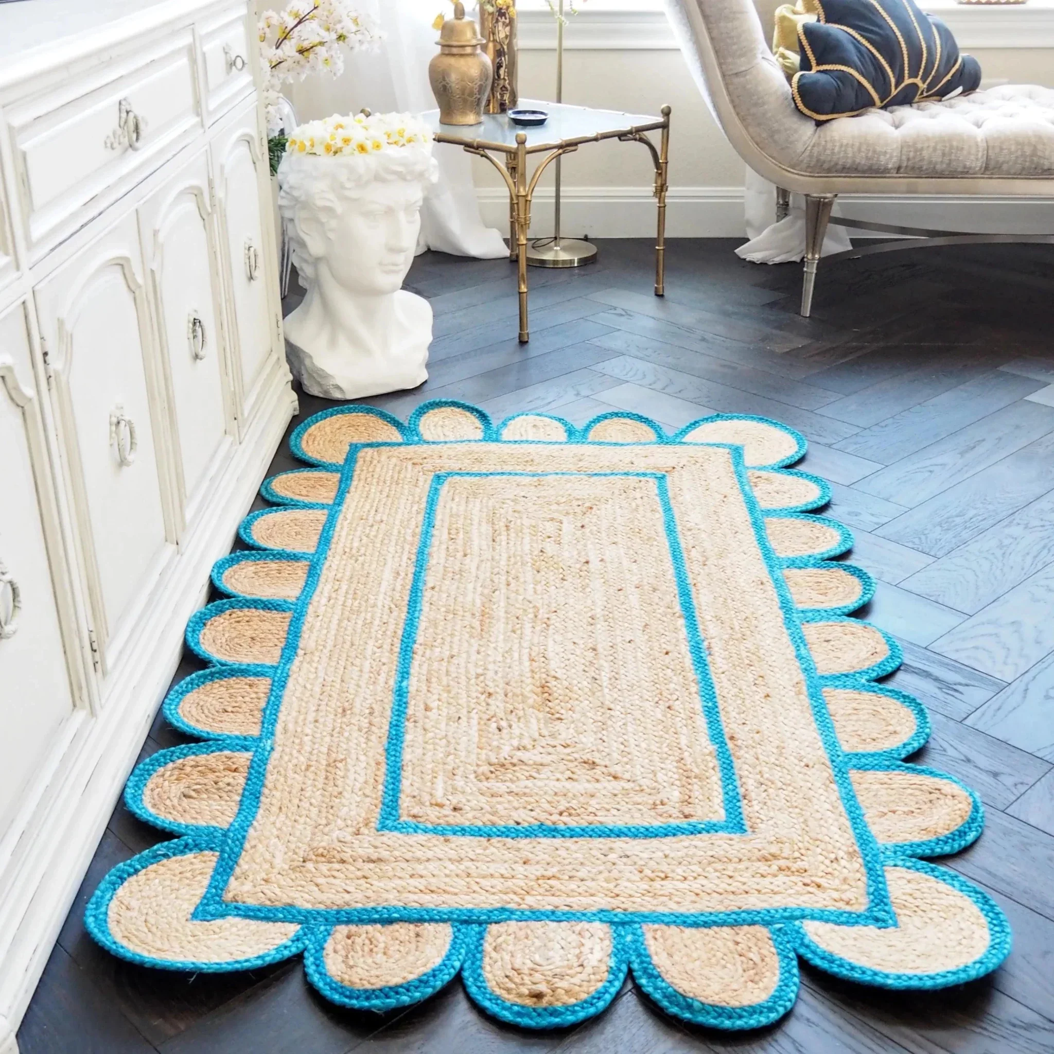 Handmade Blue Mini Scalloped Jute Rug - Image 3