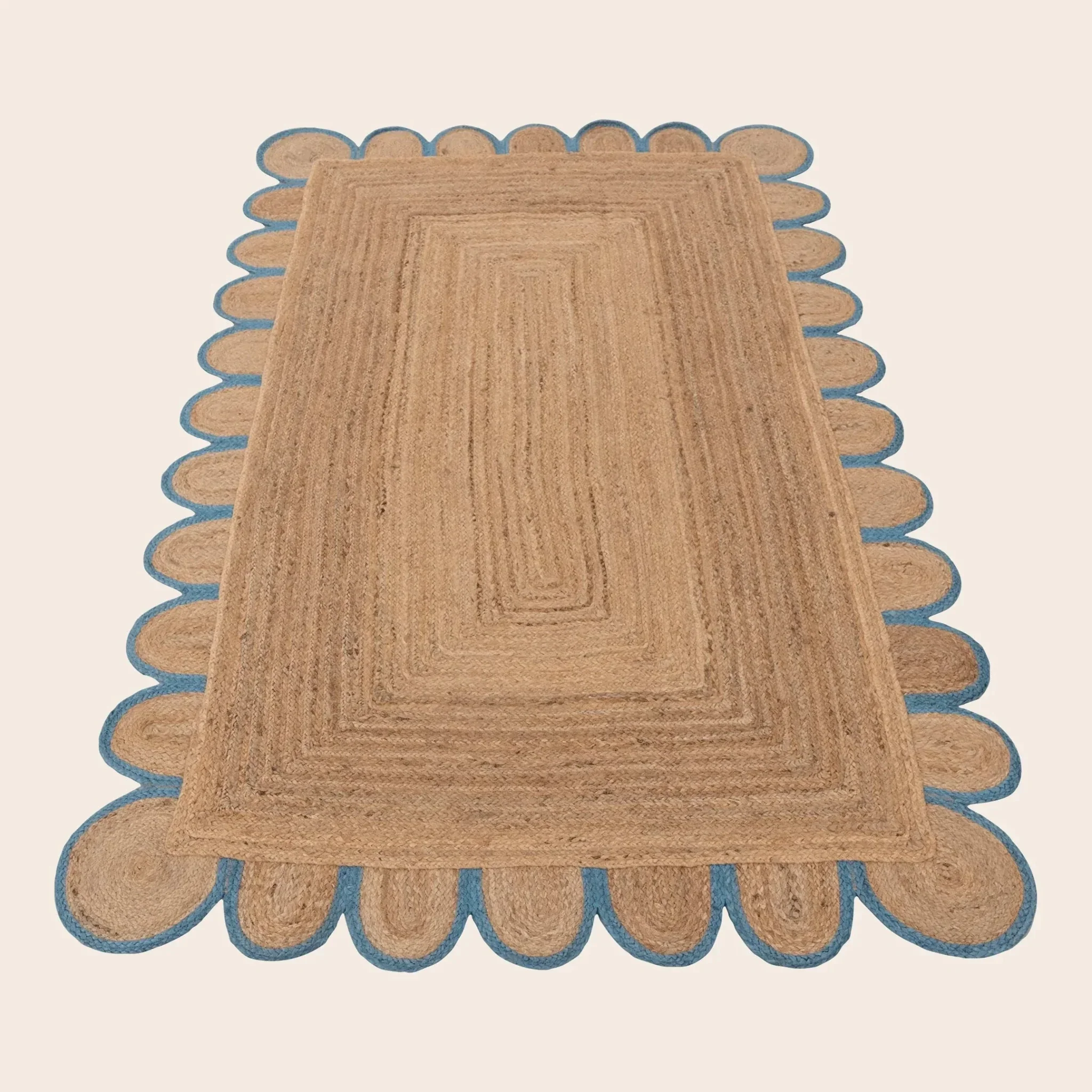 Handmade Blue Trim Scalloped Jute Rug - Image 3