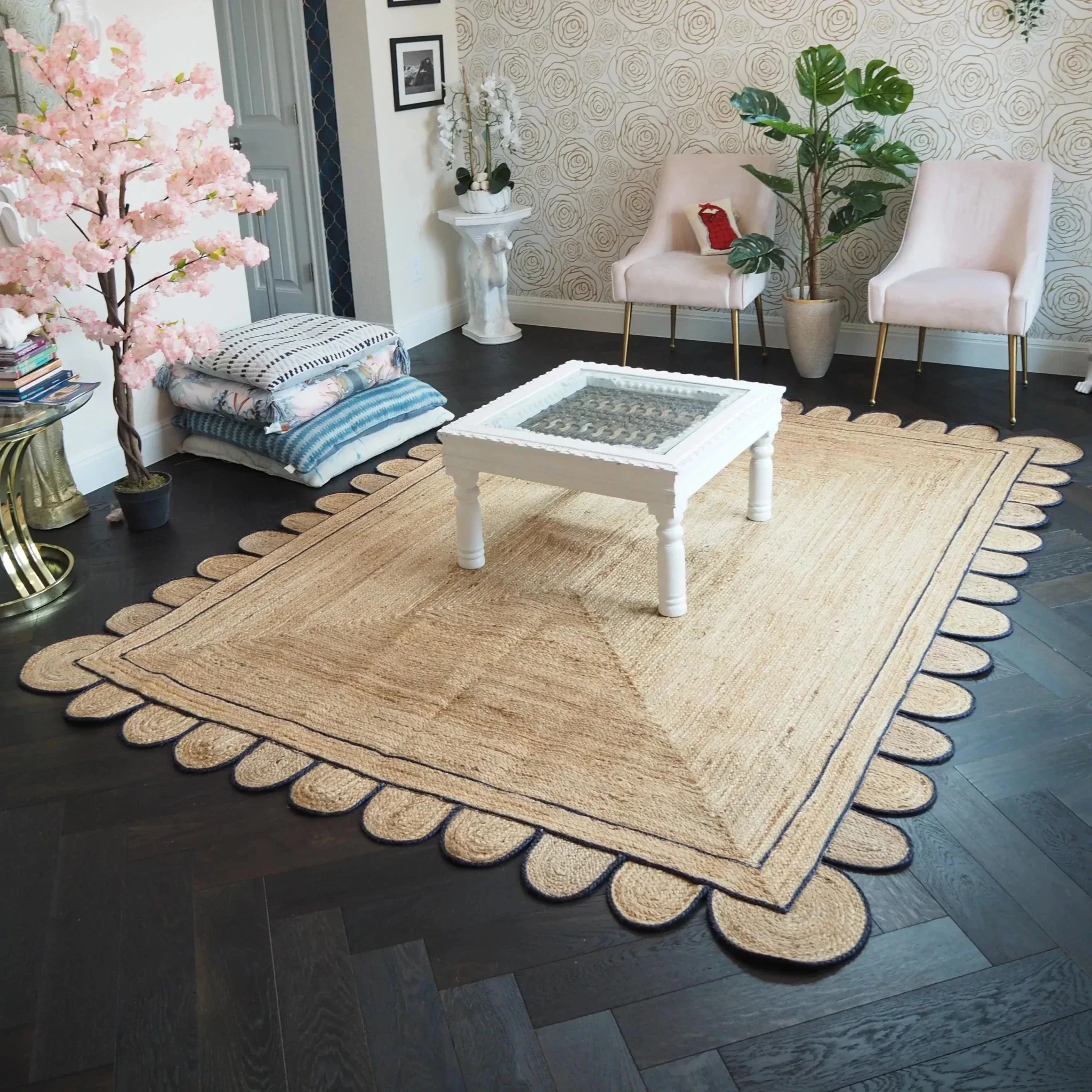 Handmade Navy Blue Scalloped Jute Rug - Image 4