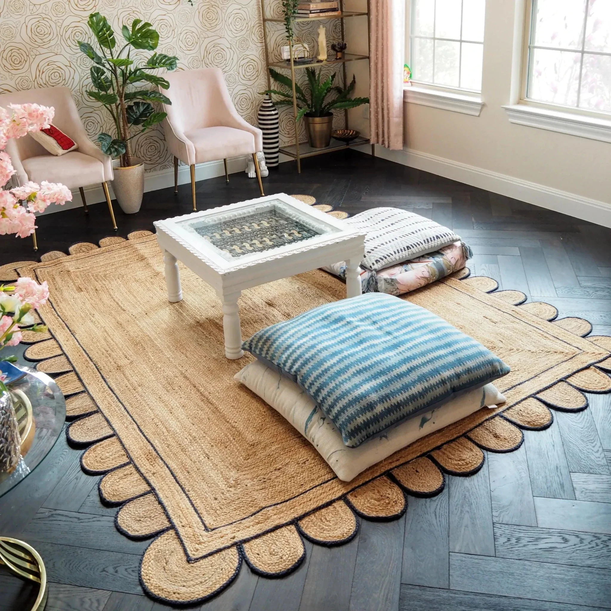 Handmade Navy Blue Scalloped Jute Rug - Image 9