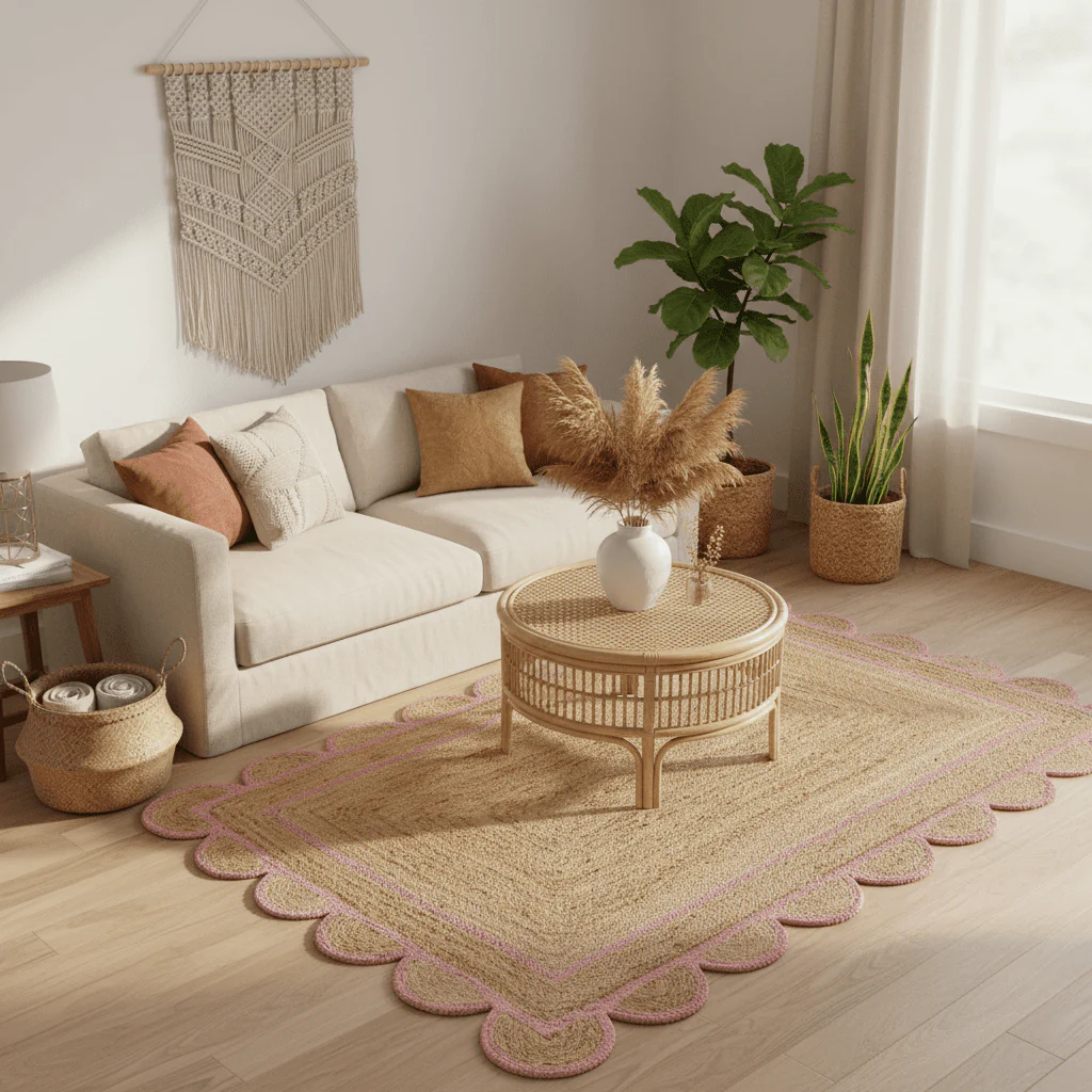 Handmade Pink Scalloped Jute Rug - Image 3