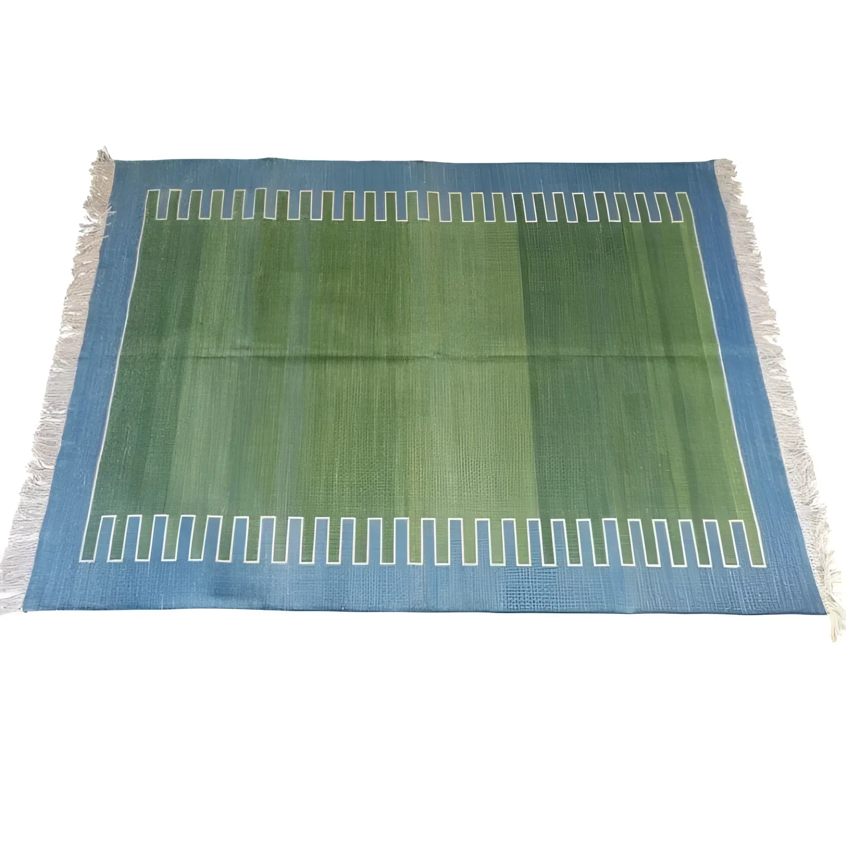 Handmade Reversible Cotton Fringed Geometric Blue Bordered Rug - Image 3