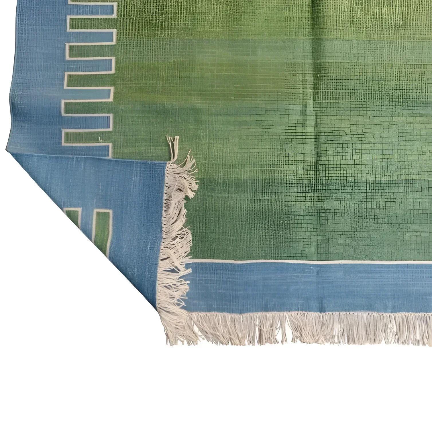 Handmade Reversible Cotton Fringed Geometric Blue Bordered Rug - Image 4